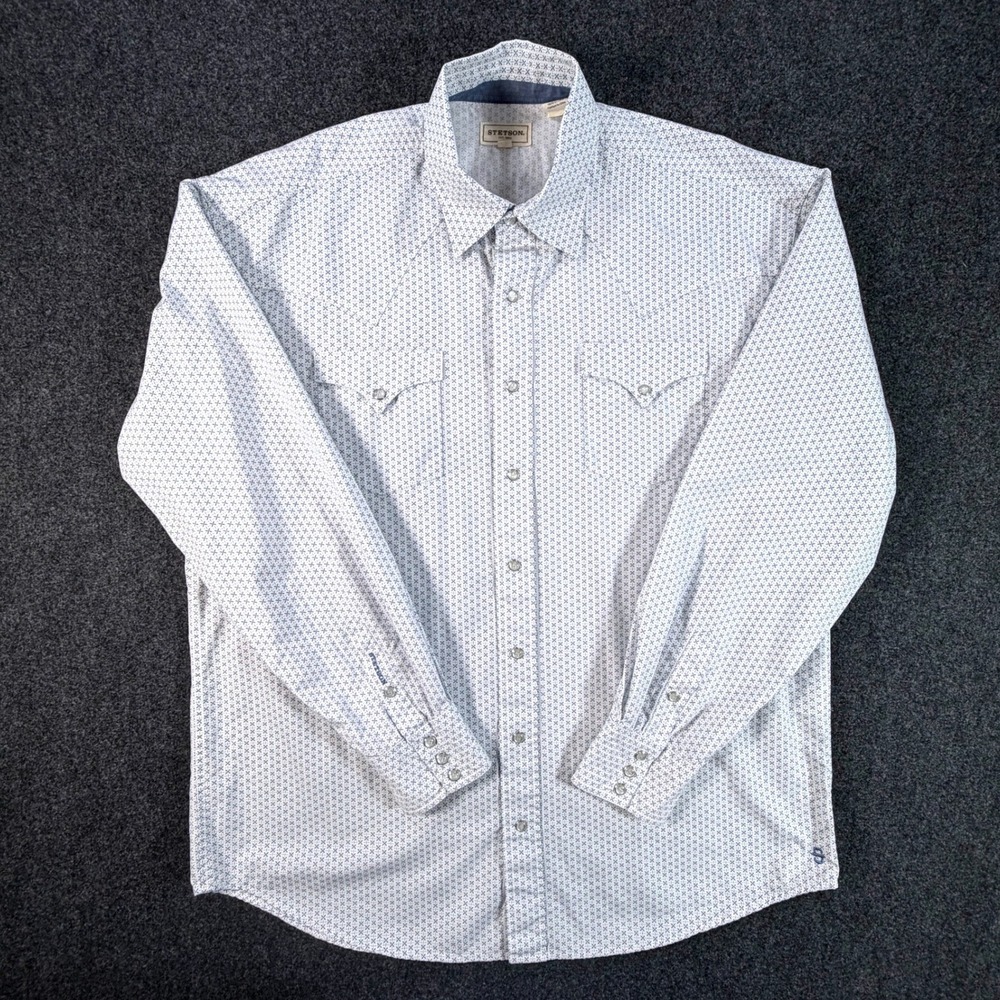 Stetson Mens XL White Blue Geometric Print Western Pearl Snap Long Sleeve Shirt